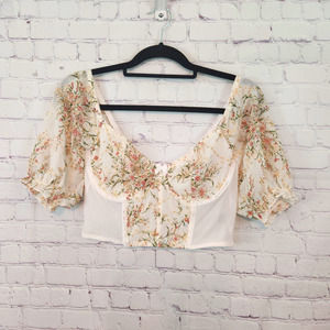 Cream Privé Puff Sleeve Embroidered Flower Milkmaid Cropped Top Women's L